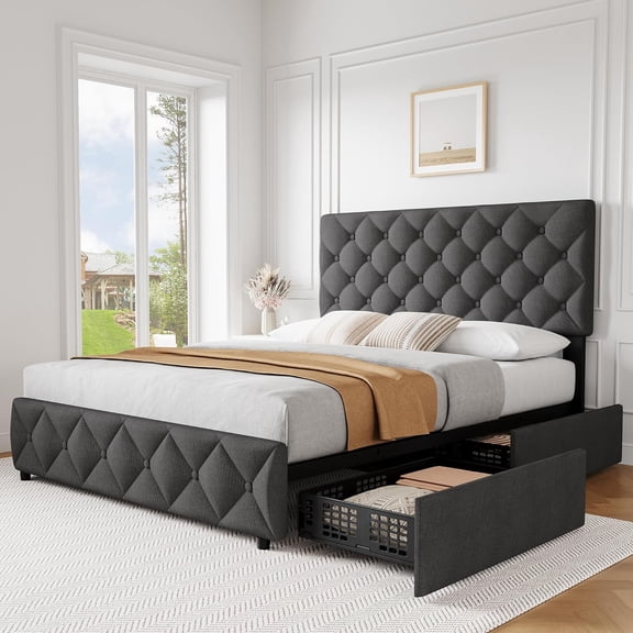 Full Size Bed Frame with 4 Storage Drawers and Headboard, Linen Upholstered Platform Bed Frame, Diamond Stitched Button Tufted, No Box Spring Needed, Dark Grey