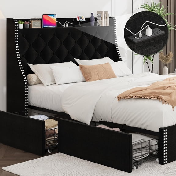 Full Size Bed Frame with 4 Storage Drawers and Headboard, Tufted Full Bed Frame with Charging Station,Solid Wood Slat,No Box Spring Needed, Easy Assembly, Black, JT02