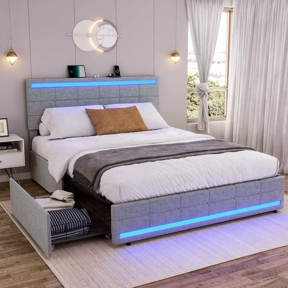 Full Size Bed Frame with 4 Storage Drawers & LED Lights Headboard, Platform Bed Frame with 2 USB Charging Station and Upholstered Headboard,Light Grey