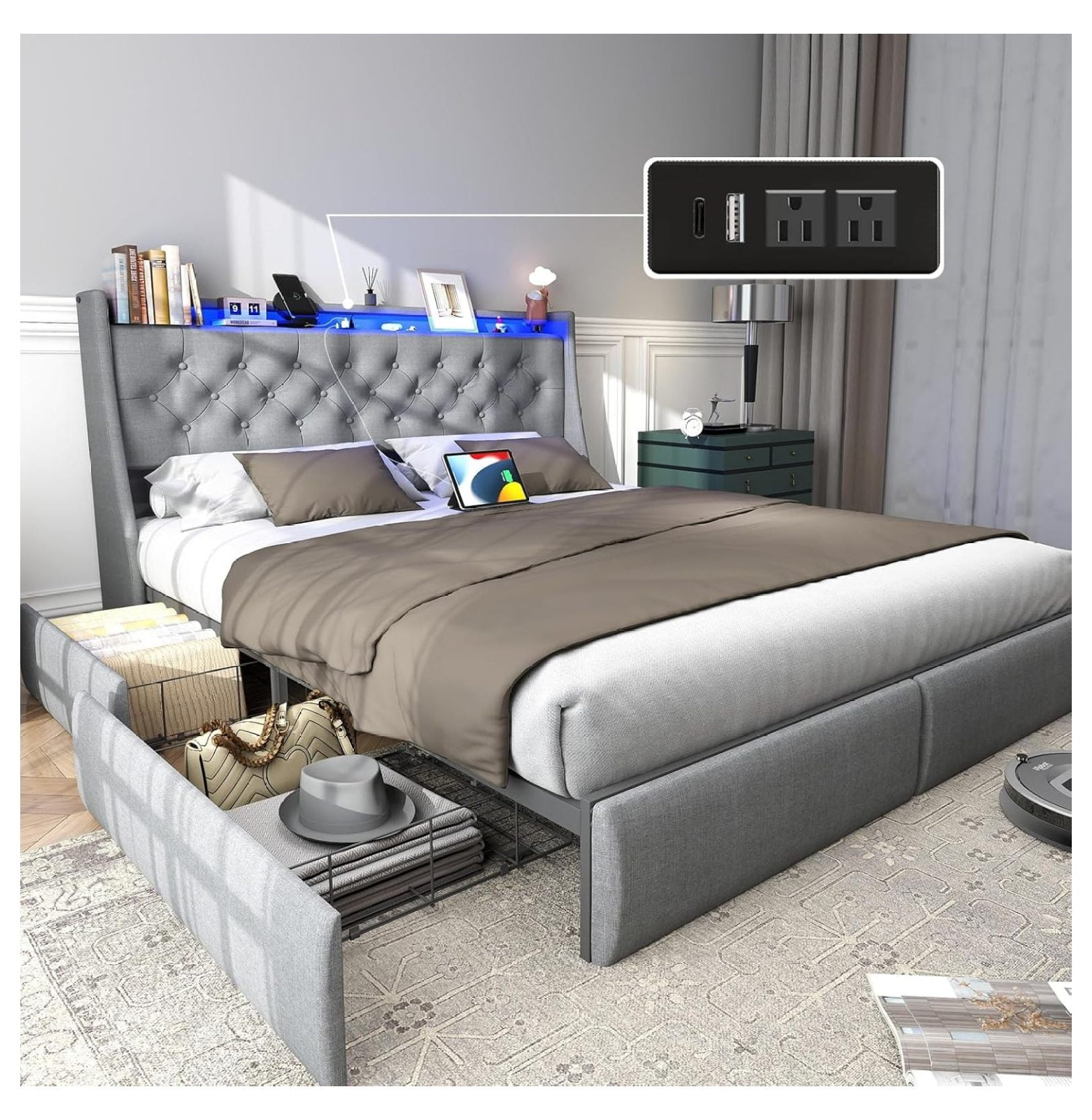 Full Size Bed Frame with 4 Storage Drawers and Luxury Wingback