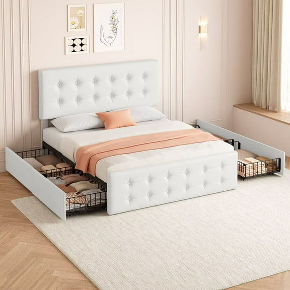 Full Size Bed Frame with 4 Storage Drawers, Upholstered Platform Bed Frame with Button Tufted Design, Wooden Slats Support, No Box Spring Needed, Beige