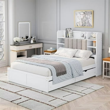 Full Size Bed Frame with 4 Under-bed Portable Storage Drawers and Multi-tier Bedside Storage Shelves, Multi-functional Upholstered Platform Bed with Headboard for Bedroom, No Box Spring Needed, White