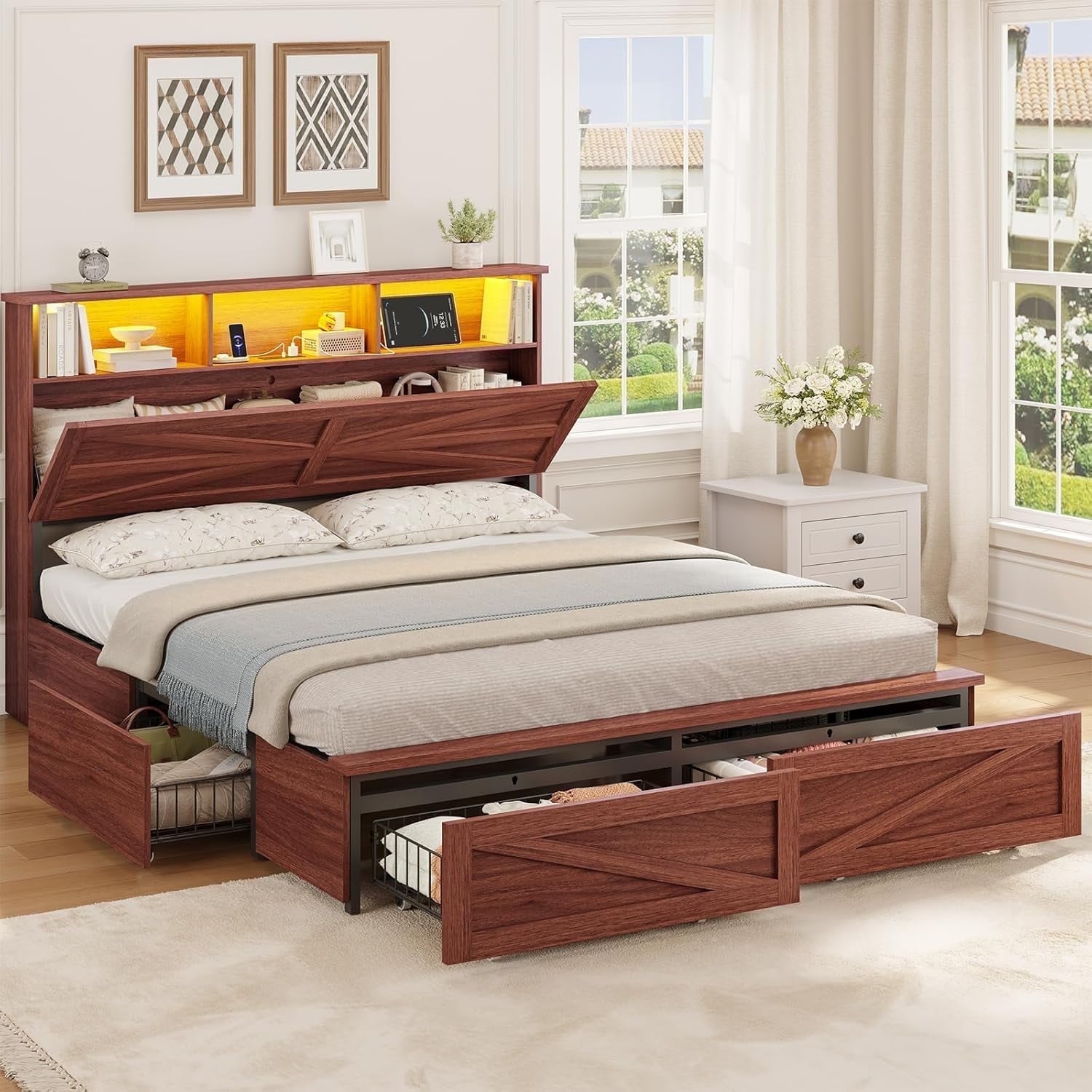 Full Size Bed Frame with 6 Drawers, Farmhouse Bed Frame with Barn Door Headboard and Storage, Wood Platform Bed Frame Full Size with Charging Station and LED Lights, No Box Spring Needed, Brown