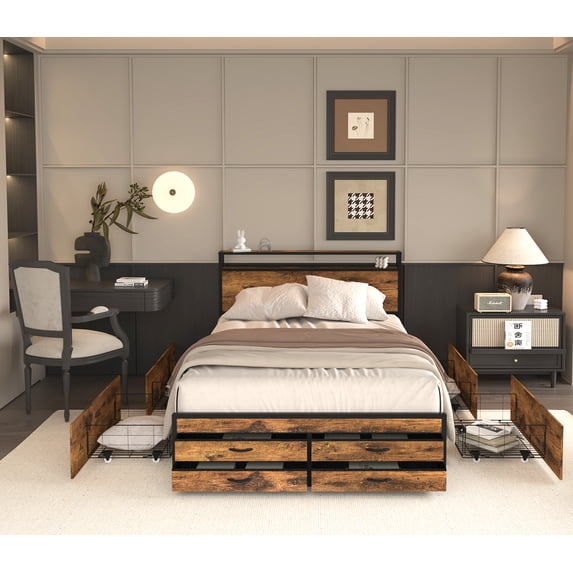 Full Size Bed Frame with 8 Storage Drawers, LED Headboard with Charging Station, Metal Platform Bed Frame, No Box Spring Needed, Noise-Free, Stable and Solid