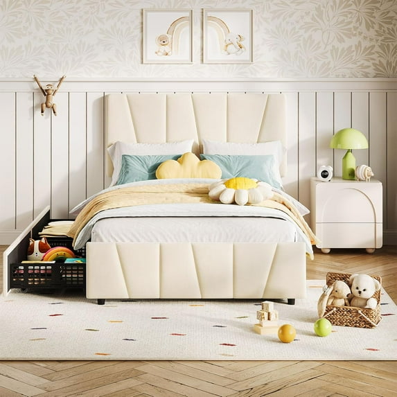 Full Size Bed Frame with Adjustable Headboard and 4 Storage Drawers, Upholstered Platform Bed Frame with Wooden Slats Support, No Box Spring Needed, Beige