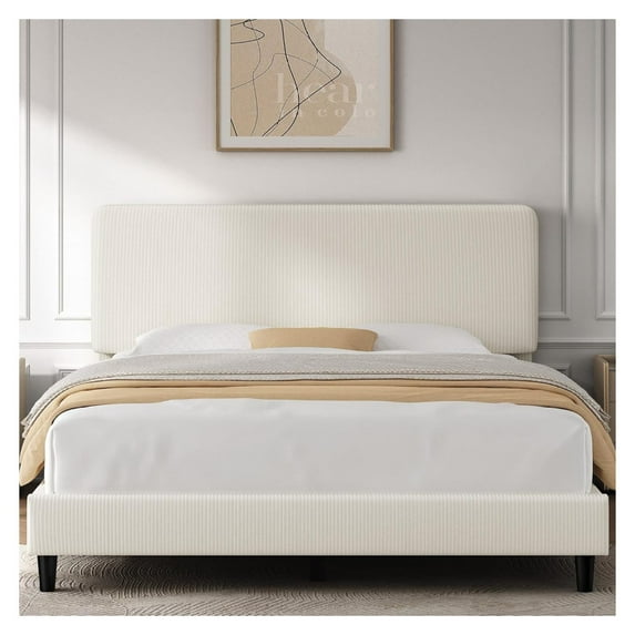 Full Size Bed Frame with Adjustable Headboard, Chenille Fabric Upholstered Headboard/Platform Bed, Full Bed Frame No Box Spring Needed/Wood Slats Support/Easy Assembly/Beige