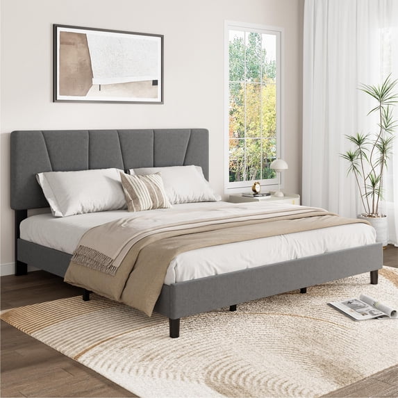 Full Size Bed Frame with Adjustable Headboard, Linen Upholstered Full Platform Bedframe with Strong Wooden Slats,Upholstered Mattress Foundation/No Box Spring Needed/Easy Assembly