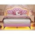 thumbnail image 1 of Full Size Bed Frame with Adjustable Headboard, Princess Upholstered Platform Bed with LED Lights for Girls, Solid Wood Slats Support, No Box Spring Needed, Pink, 1 of 10