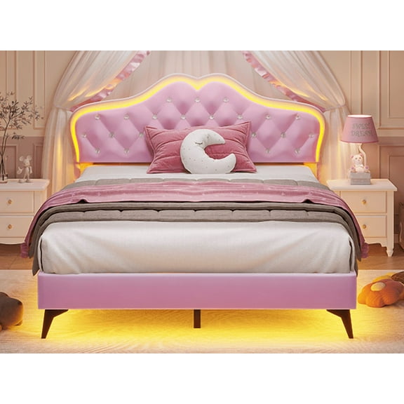 Full Size Bed Frame with Adjustable Headboard, Princess Upholstered Platform Bed with LED Lights for Girls, Solid Wood Slats Support, No Box Spring Needed, Pink