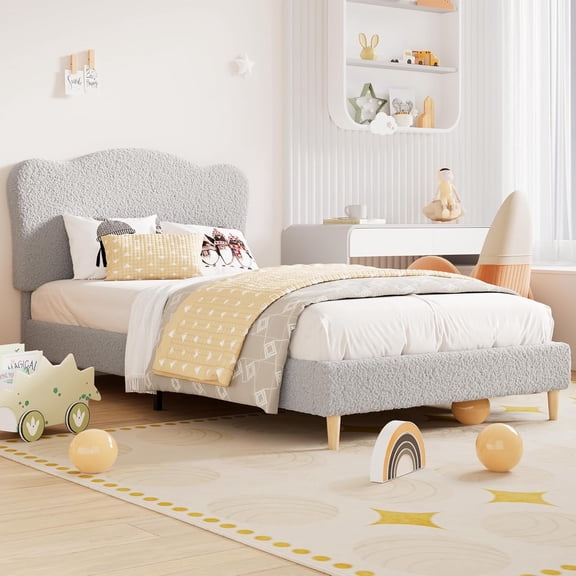 Full Size Bed Frame with Adjustable Headboard, Sherpa Fleece Upholstered Modern Platform Bed Frame Full with Sturdy Wood Slats, No Box Spring Needed, Easy Assembly, Light Grey