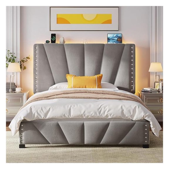 Full Size Bed Frame, Bed Frame with Headboard and Led Light, Platform Bed Frame for Bedroom Apartment, Dorm, Noise-Free, Easy Assembly, Gray