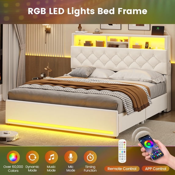 Full Size Bed Frame with Bookcase Headboard & 4 Storage Drawers,LED Bed Frame with Charging Station-Power Outlet, Modern Velvet Upholstered Platform Bed,No Box Spring Needed, Creamy White