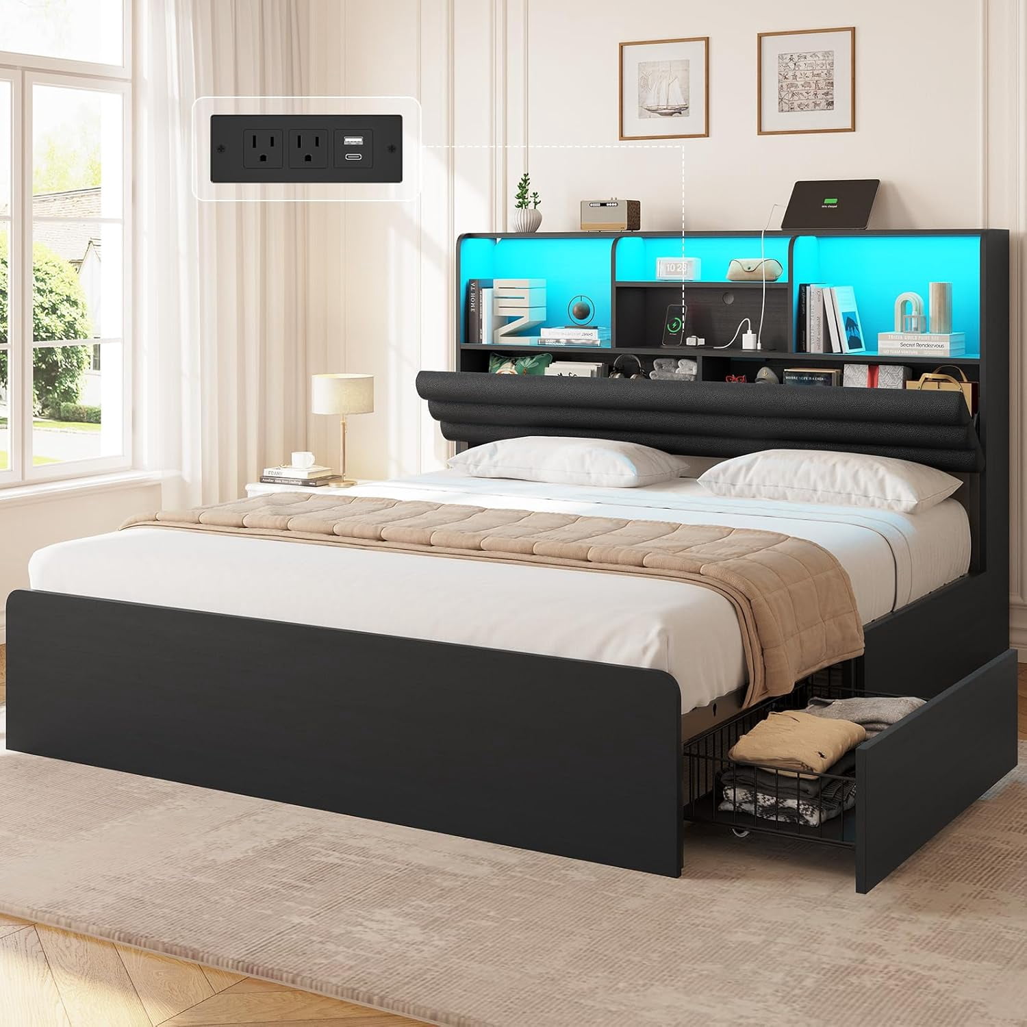 Full Size Bed Frame with Bookcase Headboard and Hidden Storage, Modern ...