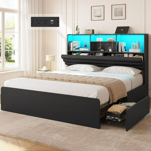 Full Size Bed Frame with Bookcase Headboard and Hidden Storage, Modern Upholstered Bed Frame with 4 Drawers, Full Bed with Charging Station and LED Lights, Strong Metal Slats, Black