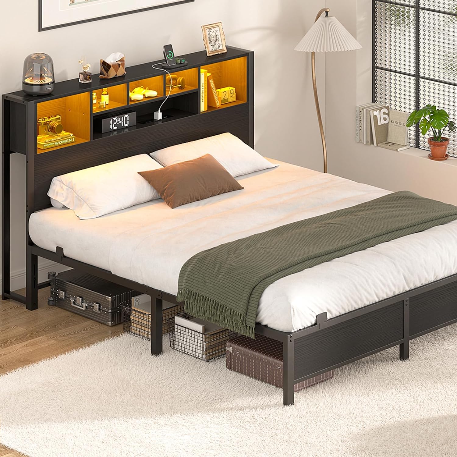 Full Size Bed Frame with Bookcase Headboard, Metal Platform Bed Frame
