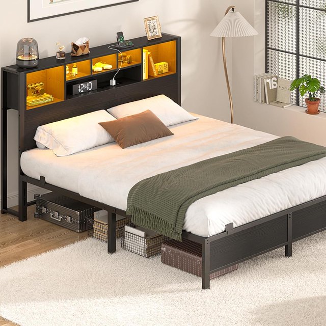 Full Size Bed Frame with Bookcase Headboard, Metal Platform Bed Frame