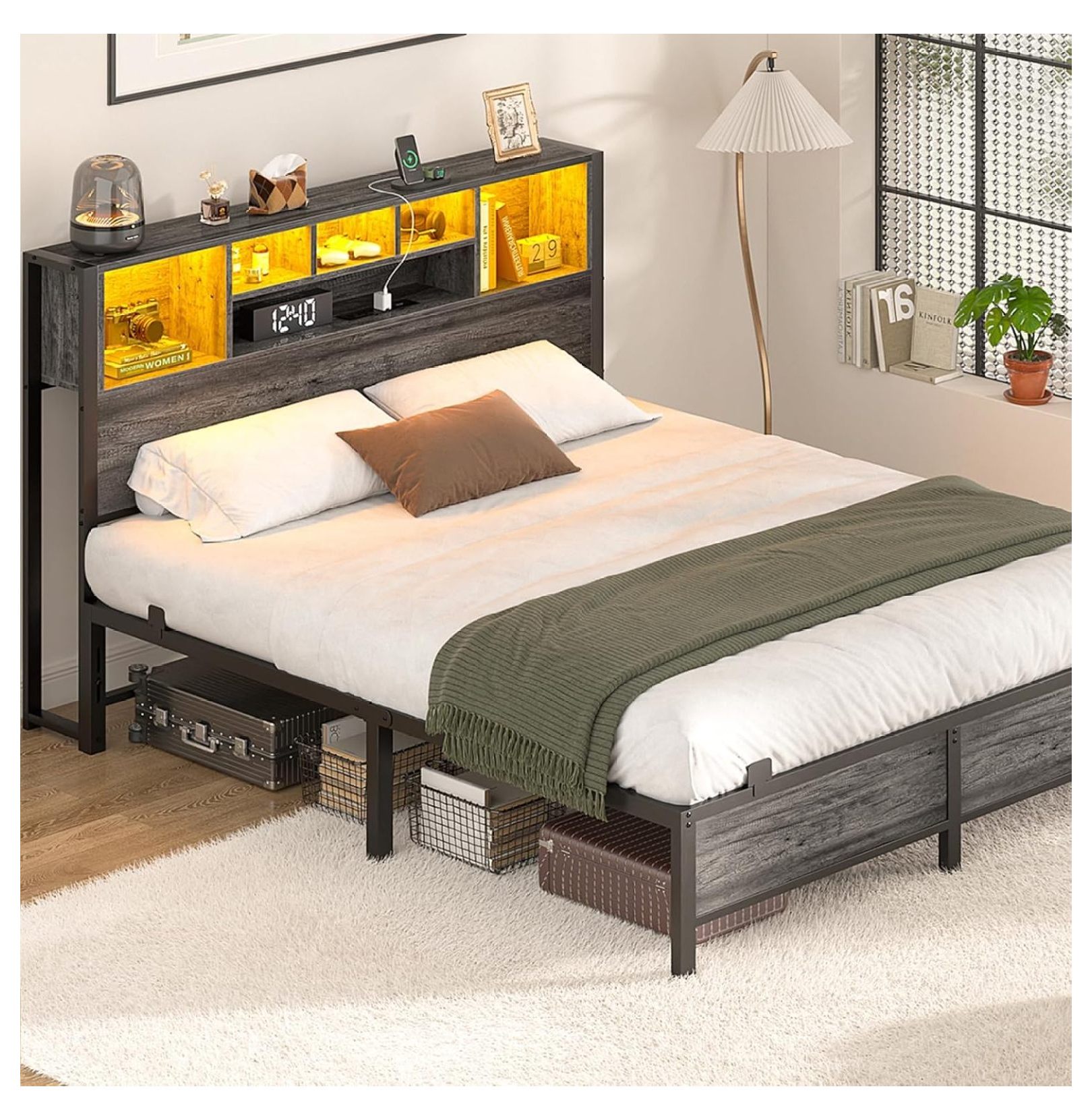 Full Size Bed Frame with Bookcase Headboard, Metal Platform Bed Frame