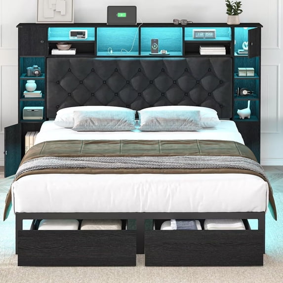 Full Size Bed Frame with Bookcase Headboard, Storage Drawers, LED Lights, and Charging Station, Velvet Upholstered Tufted Metal Platform Bed for Master Bedroom, Black