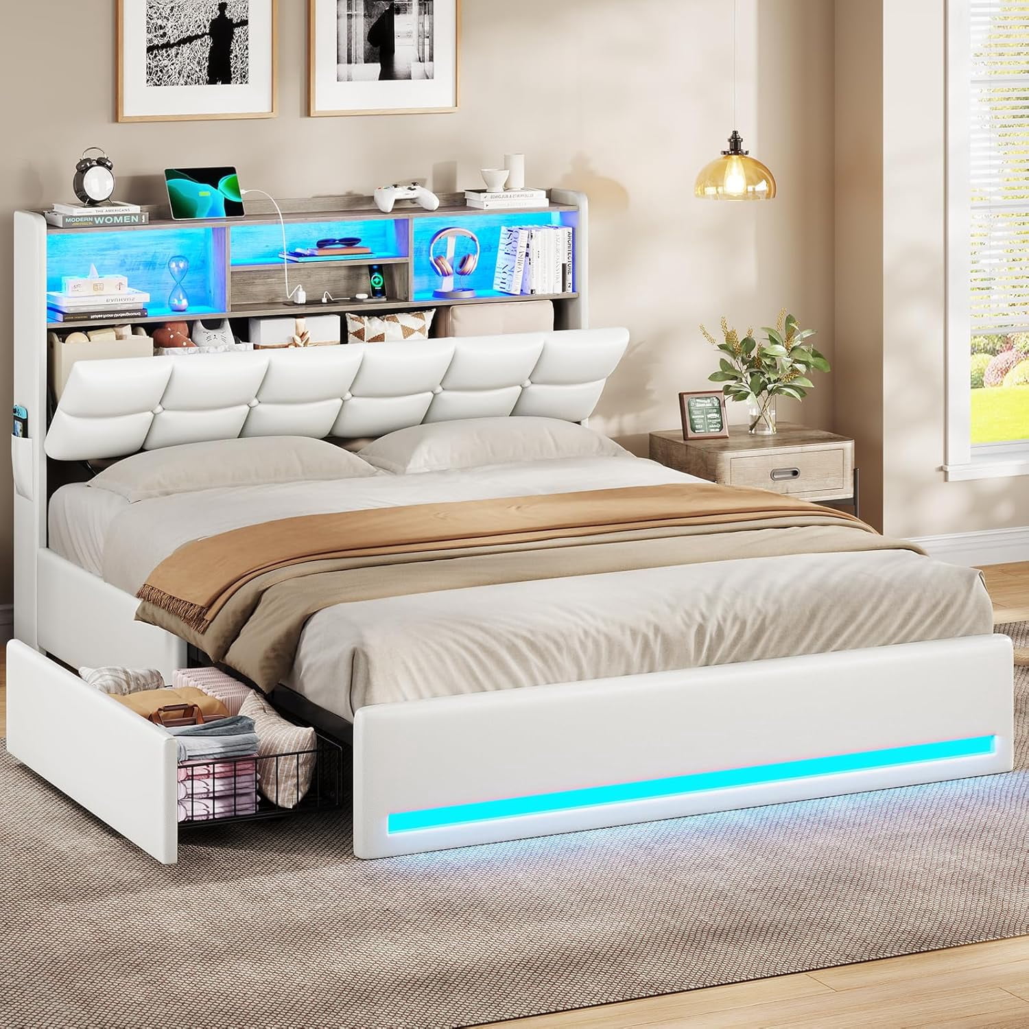 Full Size Bed Frame with Bookcase Headboard and Storage, Upholstered ...