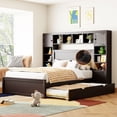 thumbnail image 1 of Full Size Bed Frame with Bookcase Headboard & Trundle, Captains Bed with Charging Station and 2 Drawers, Wood Storage Bed for Kids Teens Adults, Espresso, 1 of 9