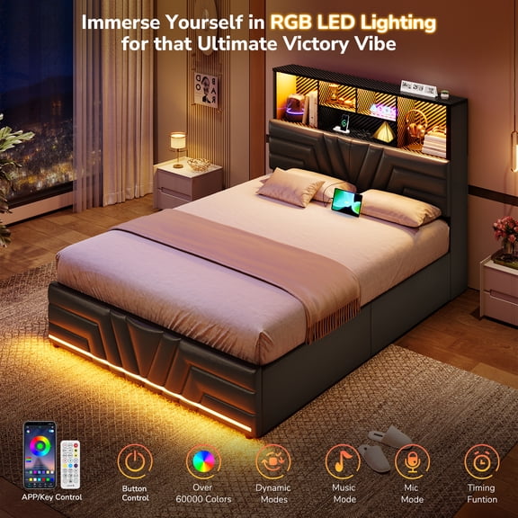 Full Size Bed Frame with Bookcase Storage Headboard, RGB Lights and Charging Station, Esports-Style Full Upholstered Platform Beds with 4 Drawers, No Box Spring Needed, Black