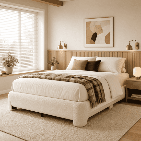 Full Size Bed Frame Boucle Upholstered Platform Bed, with Heavy Duty Wood Slat, No Box Spring Needed, Easy Assembly, Beige