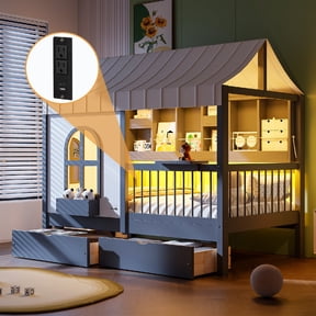 Full Size Bed Frame with Charging Station and 2 Large Drawers, Wooden House Shape Bed with Side Bookshelf and LED Light for Bedroom, Apartment, Easr Assembly, Mattress Not Included, Gray