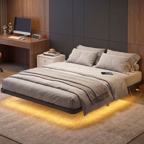 Full Size Bed Frame Charging Station LED Lights Heavy Duty Metal Platform Floating Design Black