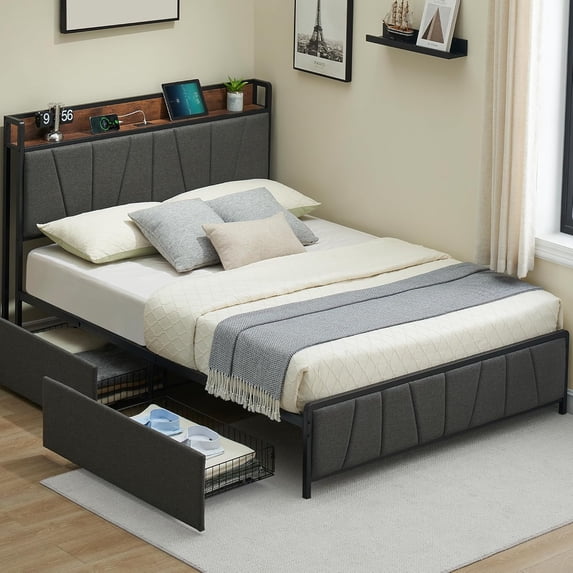 Full Size Bed Frame with Charging Station, Platform Bed with Metal Slats, Grey Upholstered Headboard with 2 Storage Drawers, No Box Spring Needed, Heavy Duty, Easy to Assemble