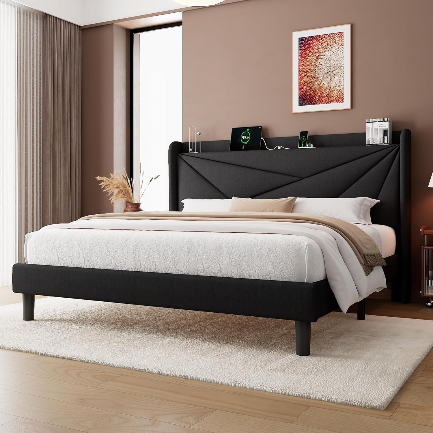 Full Size Bed Frame with Charging Station Platform Upholstered Bed