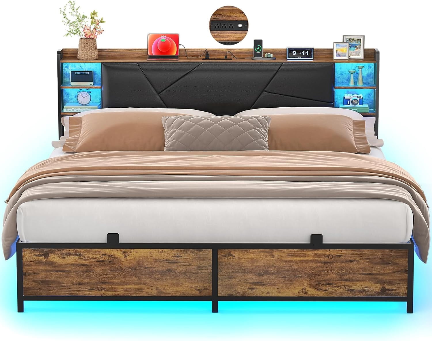 Full Size Bed Frame with Charging Station and RGB LED Lights Sturdy