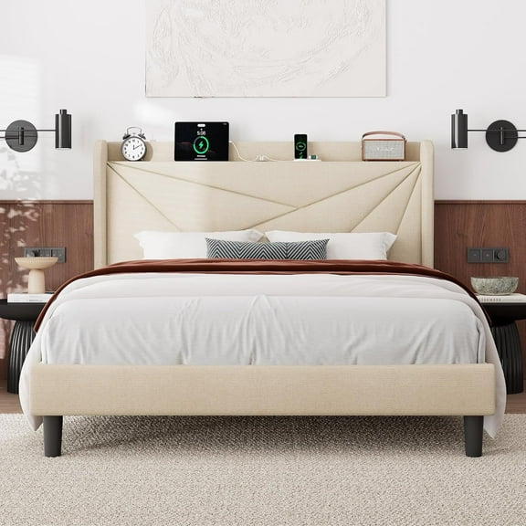Feonase  Full Size Bed Frame with Charging Station ,Upholstered Platform Bed Frame with Storage Wingback Headboard,  Beige