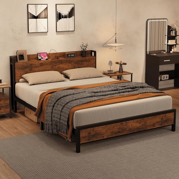 Full Size Bed Frame Charging Station with Charge Station,Metal Bed Frame with Headboard and Footboard,Easy to Assemble,No Box Spring Needed