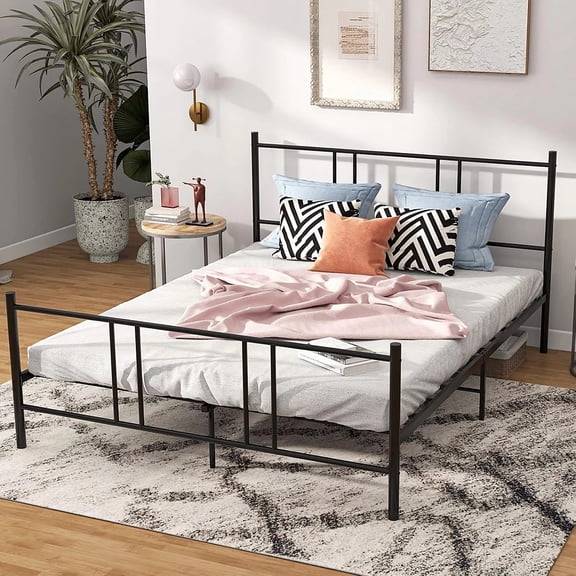 Full Size Bed Frame Classic Metal High Platform Bedframes with Victorian Style Iron-Art Headboard/Footboard/Under Bed Storage, 11.2 Inch High