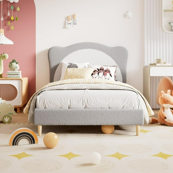 Full Size Bed Frame - Cute Velvet Princess Platform Bed with Upholstered Headboard for /, Solid Wood Slats Support, No Box Spring Needed, Gray + White