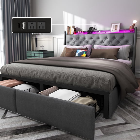 Full Size Bed Frame with Deluxe Wingback Button Tufted Storage Headboard and 2 Storage Drawers, Upholstered Platform Beds with Charging Station and LED Lights, No Box Spring Needed/Noise-Free