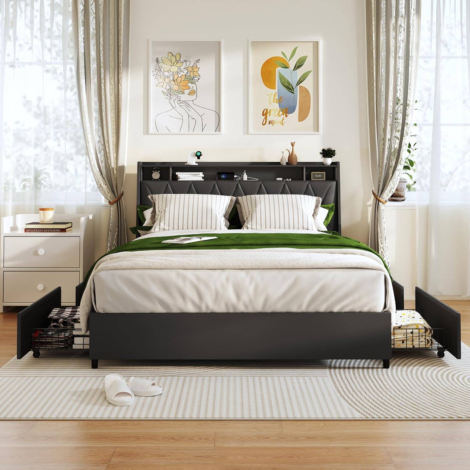 Nathaniel Home Full Platform Bed Frame Full Size Ergonomic Headboard Storage Shelf Outlets and Charger