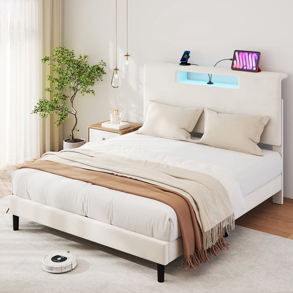 Full Size Bed Frame with Ergonomic Storage Headboard, Upholstered Bed Frame with LED Lights & Charging Station, Unique Open-Design, NO Noise, Easy Assembly, No Box Spring Needed,Beige