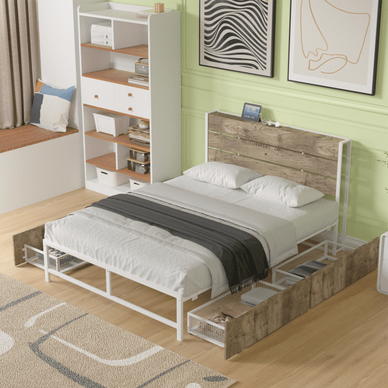 Full Size Bed Frame with Four Drawers, Sockets and USB Ports, Metal ...