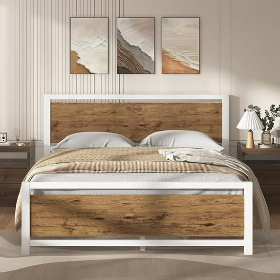 Full Size Bed Frame, Full Bed Frame with Headboard, Industrial Style Bed Frame Full Size with Wooden Footboard, No Box Spring Needed, Noise-Free, Easy Assembly, White Brown