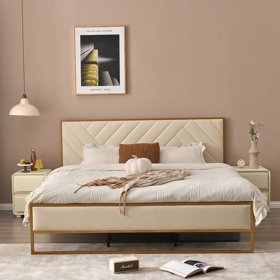 Full Size Bed Frame, Golden Metal Platform Bed Frame with Velvet Upholstered Headboard, Beige