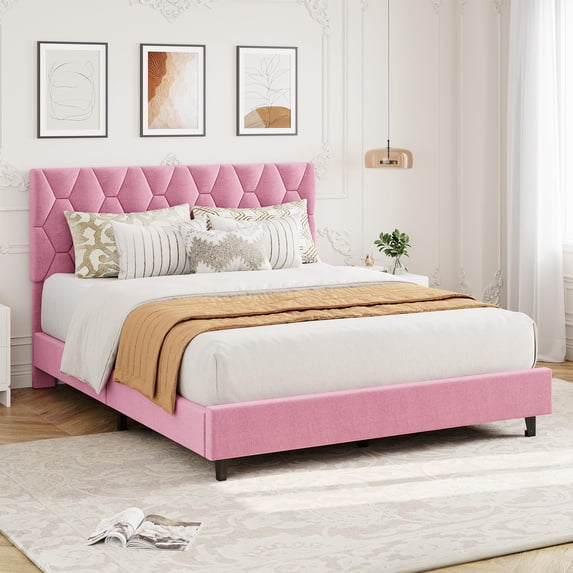Full Size Bed Frame, Gray Linen Fabric Upholstered Bed Frame with Headboard, Wood Slats, Button Tufted, No Box Spring Needed