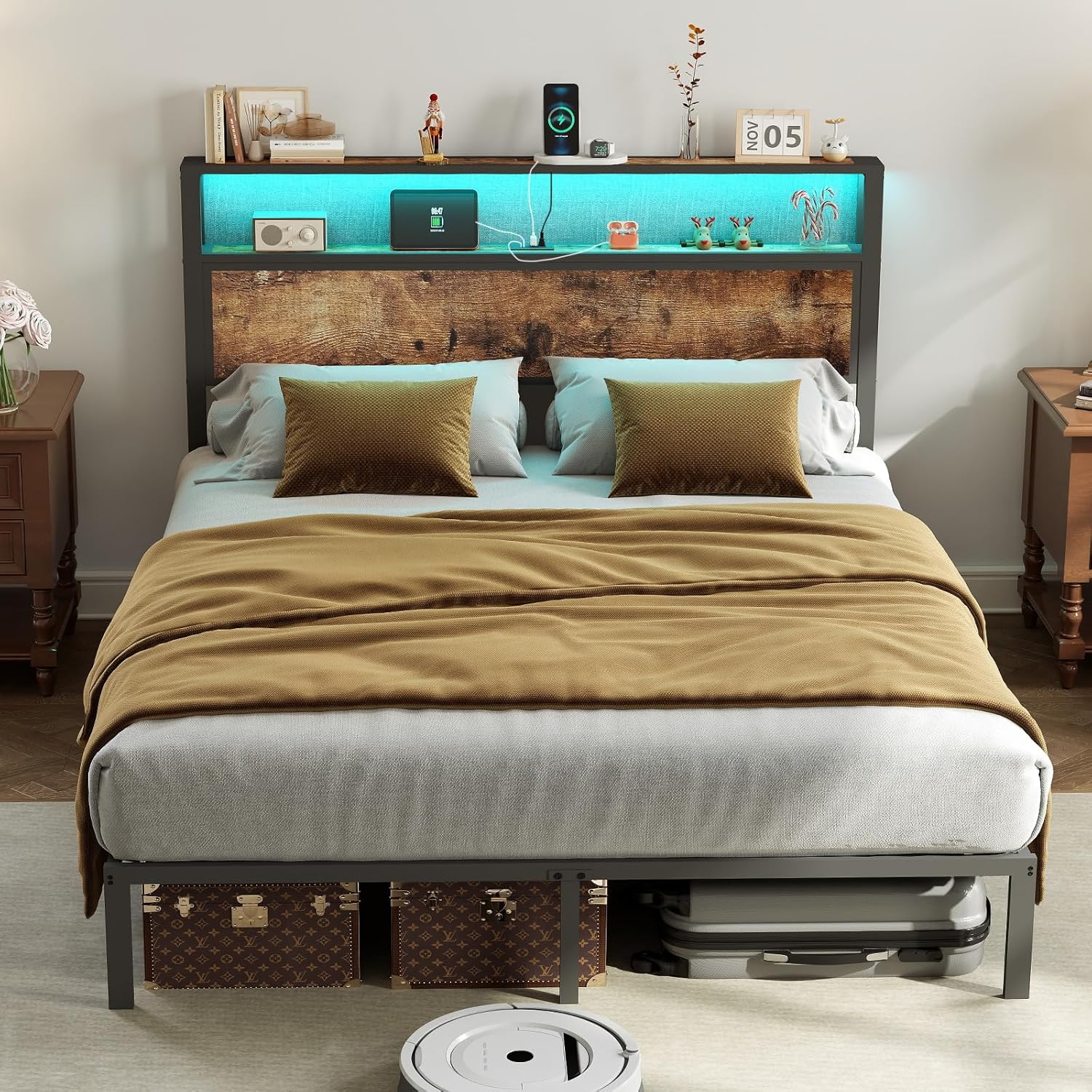 Full Size Bed Frame with Headboard, 2 Tier Storage Headboard with ...