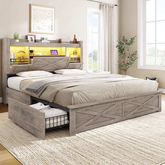 Full Size Bed Frame with Headboard and 4 Storage Drawers, Platform Bed with Charging Station& LED Lights No Boxing Need Farmhouse Bedroom Furniture Rustic Gray