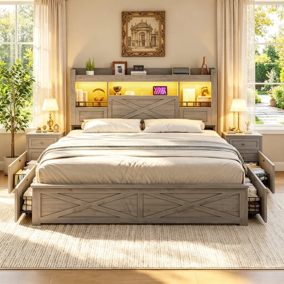 Bed Frame Full with Storage Flip-Down Lighted Headboard & Charger, Farmhouse Wood Platform Bed with 4 Drawers Metal Slats Rustic Gray