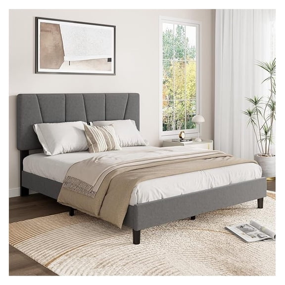 Full Size Bed Frame with Headboard Adjustable, Linen Upholstered Full Platform Bed with Headboard, Mattress Foundation with Wooden Slats, No Box Spring Needed, Easy Assembly, Grey