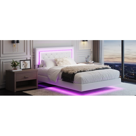 Full Size Bed Frame with Headboard, Floating Bed Frame with LED Lights, Upholstered Platform Bed with Diamond Tufted Headboard, No Box Spring Required, Beige