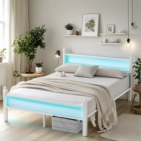 Chuangshuo Guard Full Size Bed Frame with LED Storage Headboard, Metal Platform Bed, Noise-Free, White