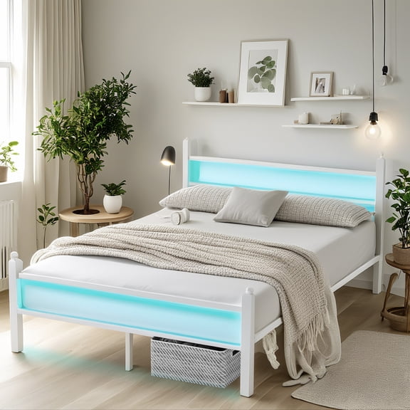 Chuangshuo Guard Full Size Bed Frame with LED Storage Headboard Shelf , Metal Platform Bed, Noise-Free, White