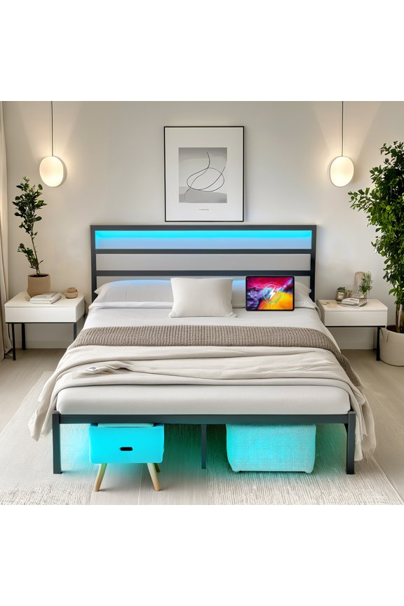 Full Size Bed Frame with LED Storage Headboard Shelf, Noise-Free, Metal Platform Bed, Black